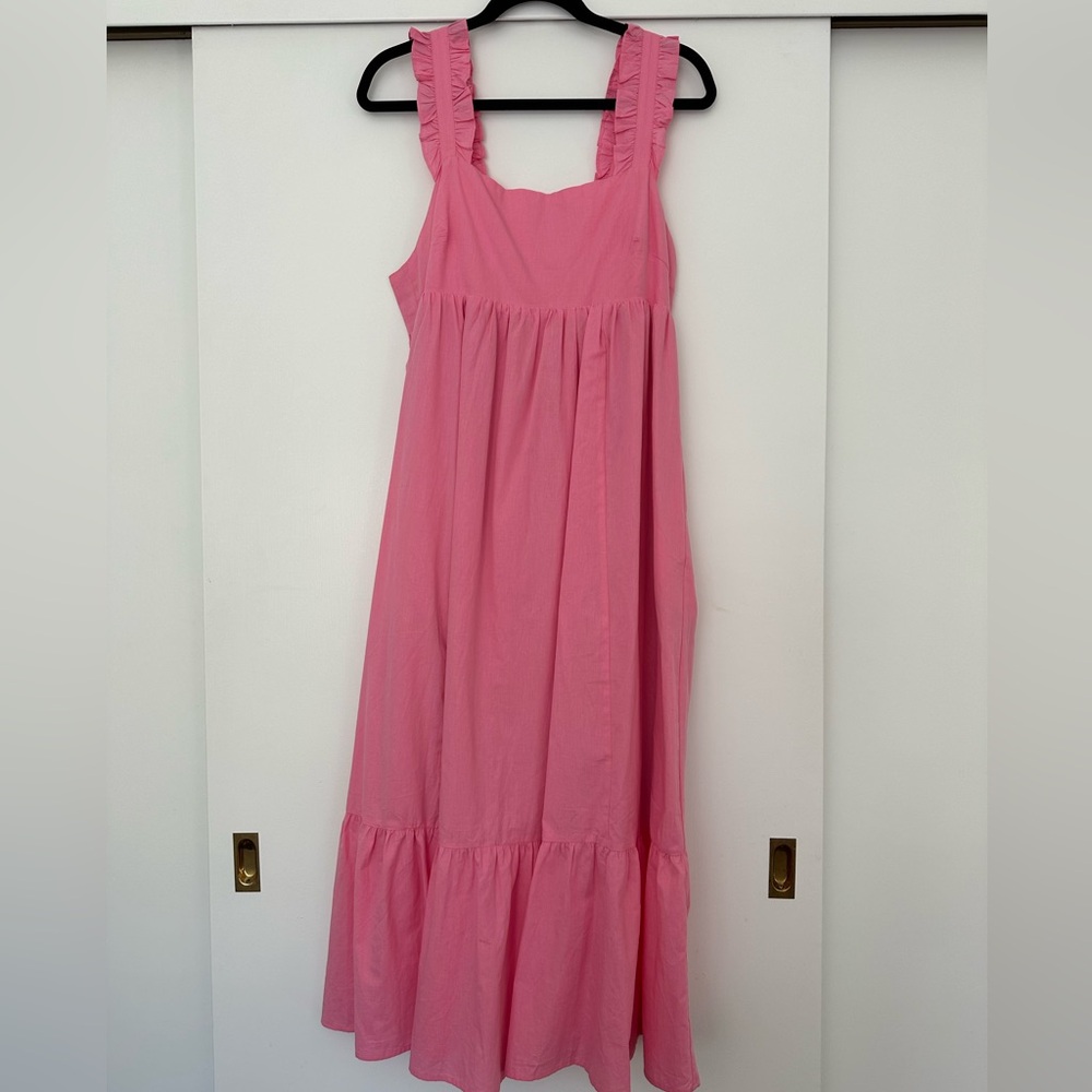 PINKBLUSH • HEYSON maternity Pink Ruffle Accent Back Tie Midi Dress ~ NWOT